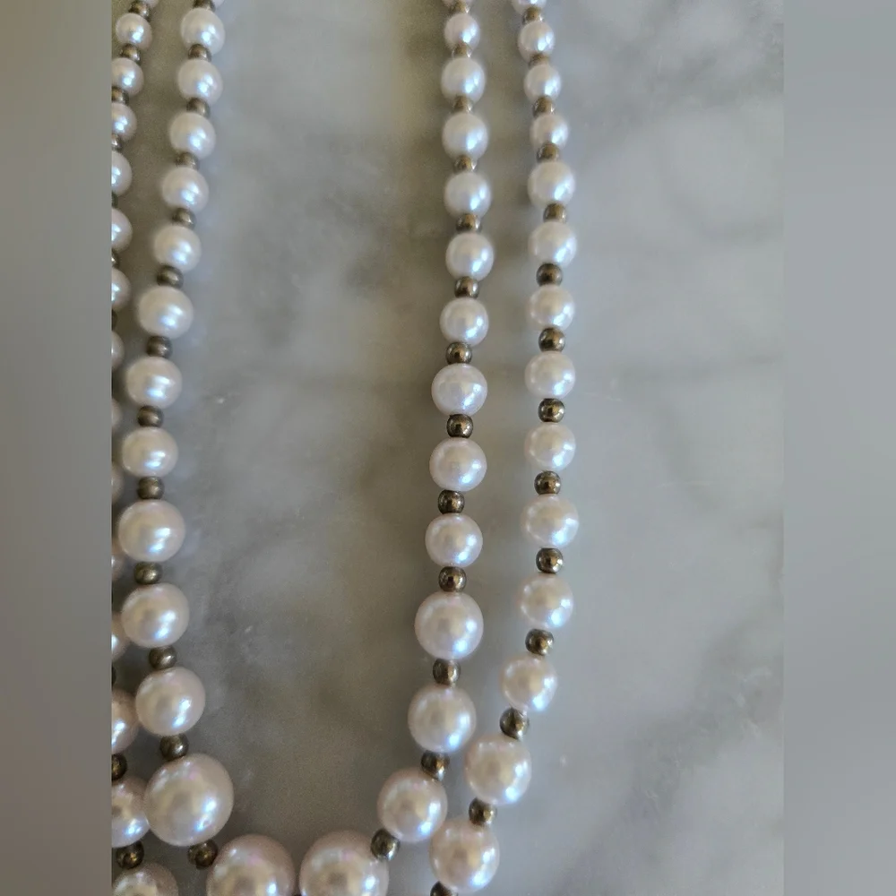Faux‎ Pearls Silver Tone Beads Double Strand 8.5 In Necklace